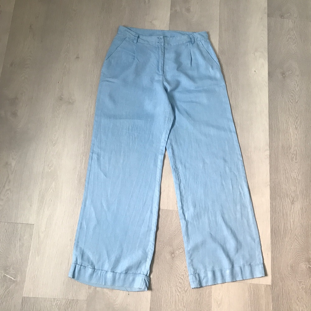 COLDWATER CREEK LINEN WIDE LEG PANT BLUE FLAT FRONT WOMENS 8